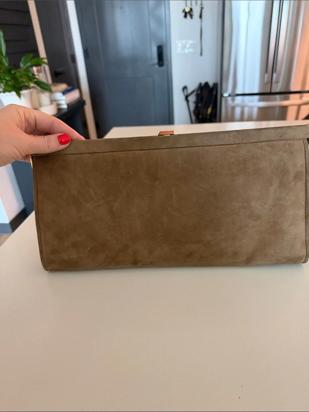 Brown Suede Clutch with Gold Accent